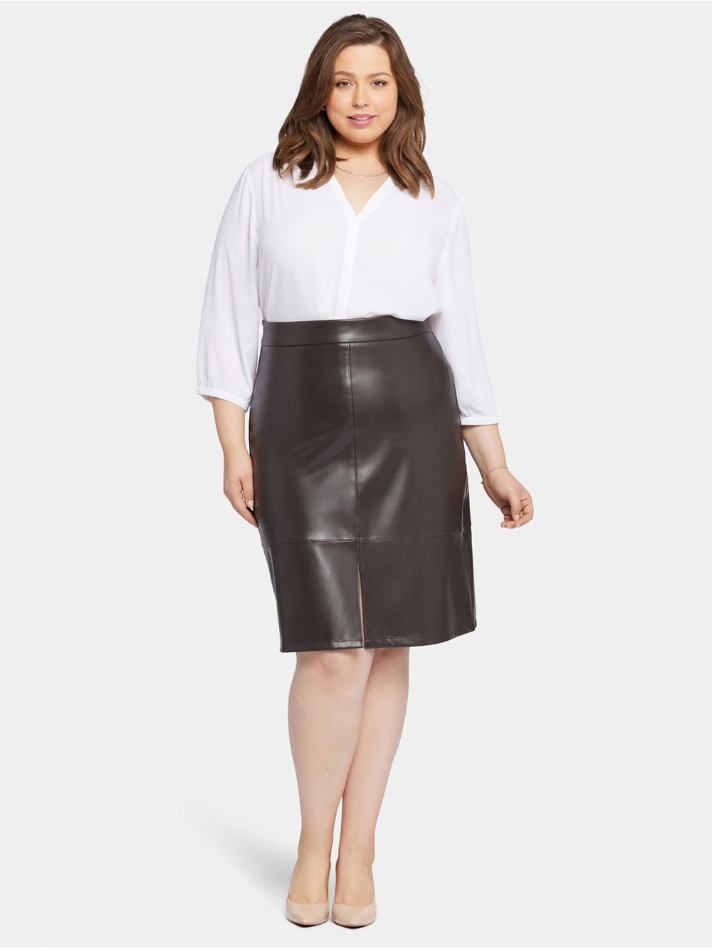 a new day Black Faux Leather Midi Pencil Skirt with Front Slit pleather